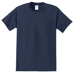A navy blue t-shirt with a pocket, featuring a small logo on the tag.