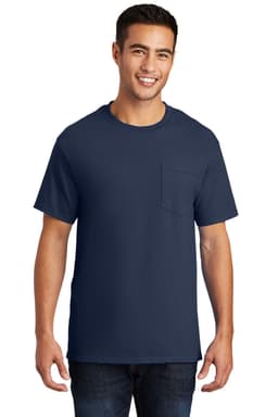 A navy blue T-shirt with a pocket, featuring a crew neckline and a logo on the sleeve.