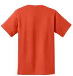 A plain red T-shirt with short sleeves and a classic crew neck, featuring a logo on the back.