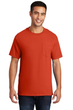 A red t-shirt featuring a pocket, displayed on a model. The shirt has a simple design and branding.