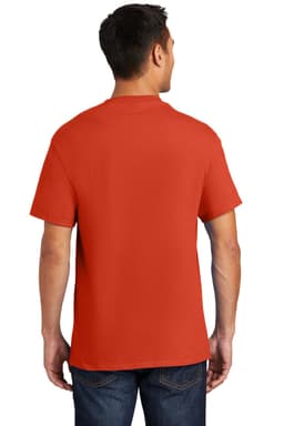 A man wearing a red pocket t-shirt, viewed from the back, with short sleeves and a relaxed fit.