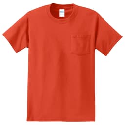 A red essential pocket tee with short sleeves and a single chest pocket. The shirt features a logo on the label.