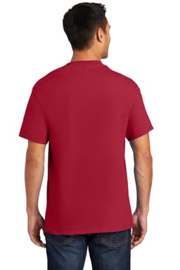 A red short-sleeved T-shirt with a pocket, viewed from the back. The shirt features a logo.