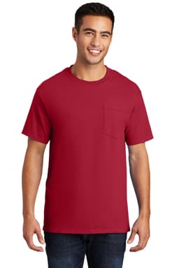 A red short-sleeve t-shirt with a pocket on the left side, worn by a smiling model.
