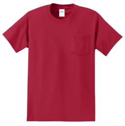 A red essential pocket tee shirt with a single chest pocket and a small logo.