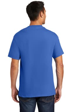 A blue T-shirt featuring a pocket, displayed on a model from the back, with a logo present.