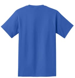A blue t-shirt featuring a standard crew neck and short sleeves, with a branded logo on the back.