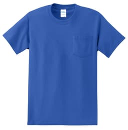 A blue short-sleeve T-shirt featuring a pocket and a logo on the label.