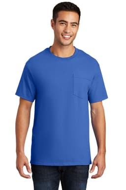A man wearing a blue essential pocket t-shirt, featuring a pocket and a simple design.