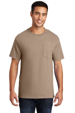 A beige essential pocket tee shirt, featuring a pocket on the front, worn by a smiling man.