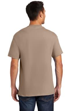 A man is wearing a beige short-sleeve t-shirt, showcasing the back view of the garment. The shirt features a logo.