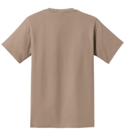 A beige t-shirt with short sleeves and a plain back, featuring a logo.