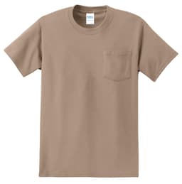 A beige essential pocket tee shirt, featuring a single chest pocket and a simple design.