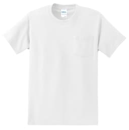 A plain white short-sleeve t-shirt featuring a pocket and a logo on the label.