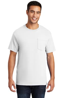 A man wearing a grey short-sleeve t-shirt with a pocket. The shirt features a branding logo.