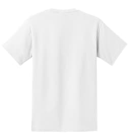 A plain white t-shirt featuring a simple design, with a logo on the back. Perfect for casual wear.