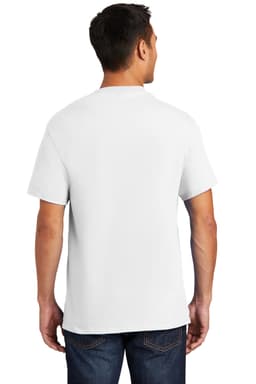 A white short-sleeve t-shirt viewed from the back, featuring a circular neckline and a logo.