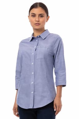 A blue and white striped women's classic shirt with a collar and a chest pocket, featuring three-quarter sleeves.