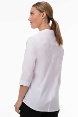 A white women’s classic shirt with three-quarter sleeves and a collar, featuring a logo on the back.