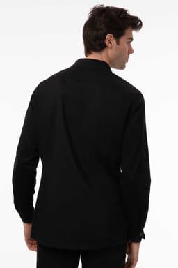 A black men's shirt with a collar and long sleeves, featuring a logo. View from the back.
