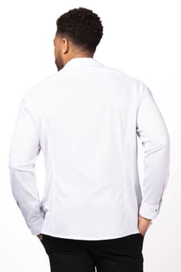 A men's shirt in black with long sleeves, featuring a collar and a logo. The shirt is worn by a model from the back.