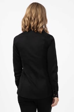 A black women's shirt featuring a fitted design and long sleeves, shown from the back. It has a logo on the label.