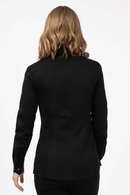 A black women's shirt viewed from the back, featuring a fitted design and a logo on the fabric.