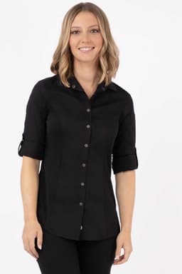A black women's shirt with a button-up front and rolled sleeves, featuring a subtle logo.