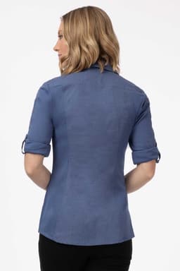 A women's blue shirt with rolled sleeves, featuring a fitted design and a back view. It has a logo.