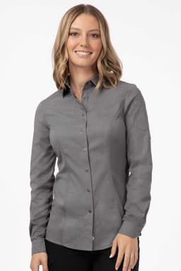 A women's long-sleeve shirt in grey with a button-up design and a logo on the chest.