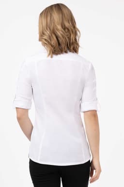 A white women's shirt with rolled sleeves and a fitted design, featuring a logo on the back.