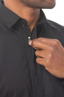 A black men's zip front shirt, featuring a neat collar and a zippered opening at the front.