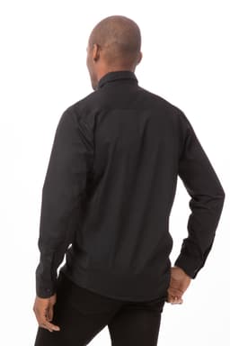 A black men's zip front shirt featuring long sleeves and a sleek back design. The shirt has a logo on it.