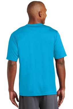 A person wearing a vibrant blue Sport-Tek PosiCharge Tough Tee, viewed from the back, showcasing the shirt's colour and fit.
