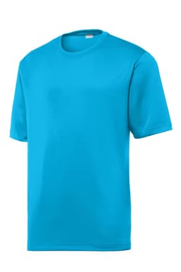 A bright turquoise T-shirt with short sleeves and a crew neck, featuring a logo.