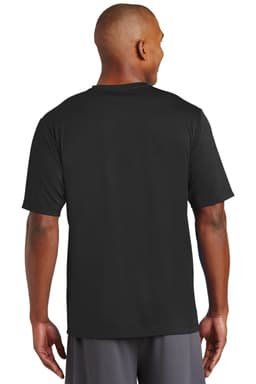 A man wearing a black Sport-Tek PosiCharge Tough Tee viewed from the back, featuring a simple design.