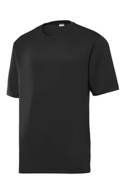 A black short-sleeve T-shirt made from tough, moisture-wicking fabric with a logo.