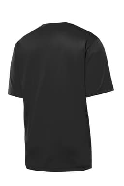 A black Sport-Tek PosiCharge Tough Tee with a crew neck and short sleeves, featuring a logo.