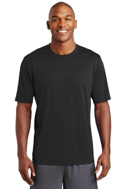 A black short-sleeved T-shirt with a logo, designed for sports and casual wear.