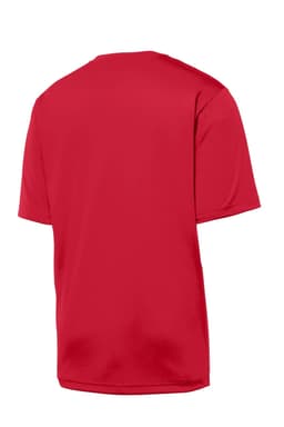 A red t-shirt featuring a round neck and short sleeves, with a logo on the back.