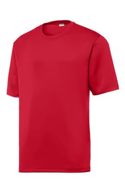 A red T-shirt featuring a crew neck and short sleeves, with a logo on the front.
