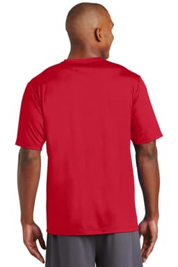 A red athletic t-shirt with short sleeves, featuring a back view of a model wearing it. The shirt has a logo.