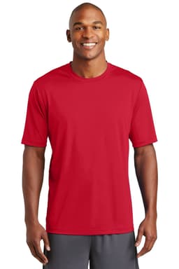 A red athletic t-shirt displayed on a model, featuring a logo on the front.