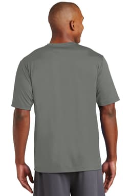A grey t-shirt with short sleeves and a logo on the back, worn by a person seen from behind.