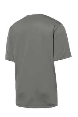 A grey Sport-Tek PosiCharge Tough Tee displays a simple design with a rear view and a logo on the side.