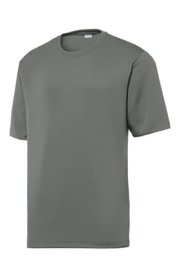 A grey athletic t-shirt with short sleeves and a round neckline. It features a logo on the front.