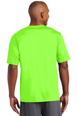 A vibrant green T-shirt with short sleeves, featuring a plain back and a logo.