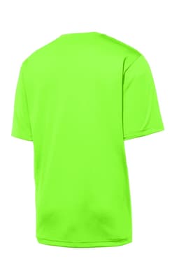 A bright green t-shirt featuring short sleeves and a back view. It has a logo on the garment.