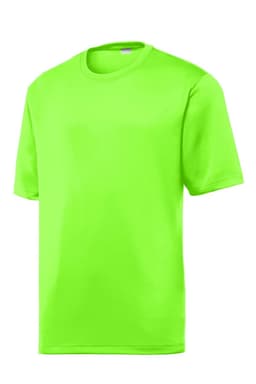 A bright green short-sleeve t-shirt with a simple design and a logo on the chest.