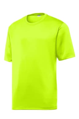 A bright neon green short-sleeve t-shirt with a simple design and a logo on the side.
